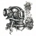 Firefighter helmet engulfed in flames with a navy deep sea diver helmet integrated into the design tattoo design idea