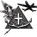 Two opposite triangles in which there is an aircraft and an anchor tattoo design idea