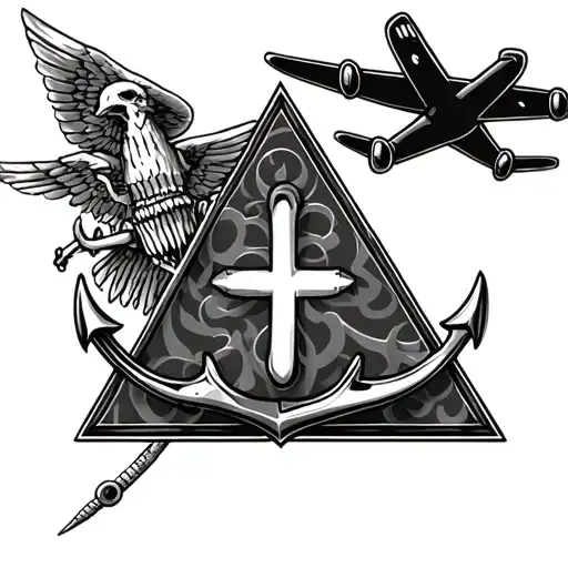 Two opposite triangles in which there is an aircraft and an anchor tattoo design idea