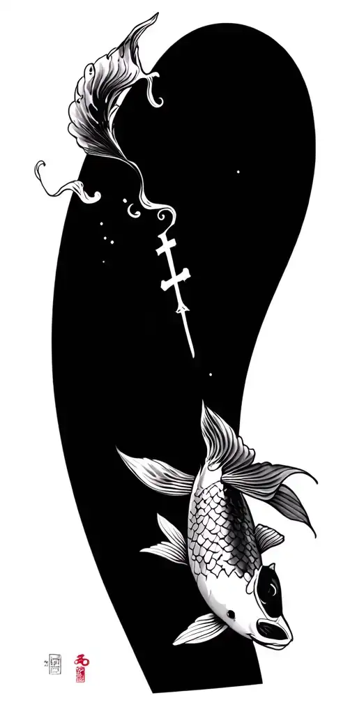 koi and waves, black and grey, goo d balance of dark and light, with a 3 nail cross  tattoo design idea