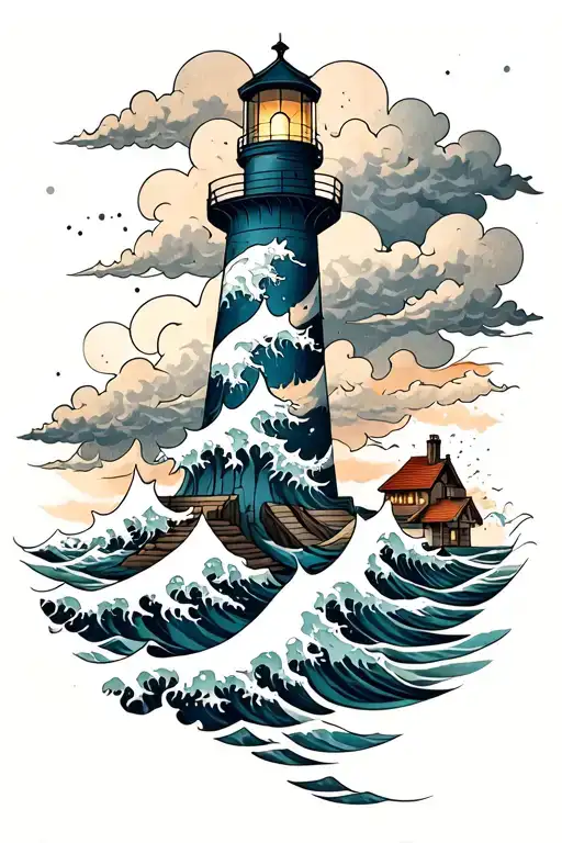 waves and lighthouse storm clouds tattoo design idea