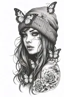 emo girl in a beanie with butterfly resting tattoo design idea