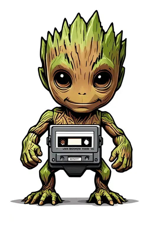 baby groot with walkman casette tape tattoo design idea