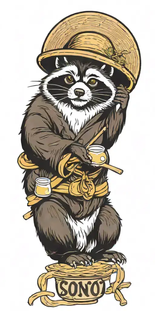 good fortune tanuki with straw  hat and soju cloud background  tattoo design idea
