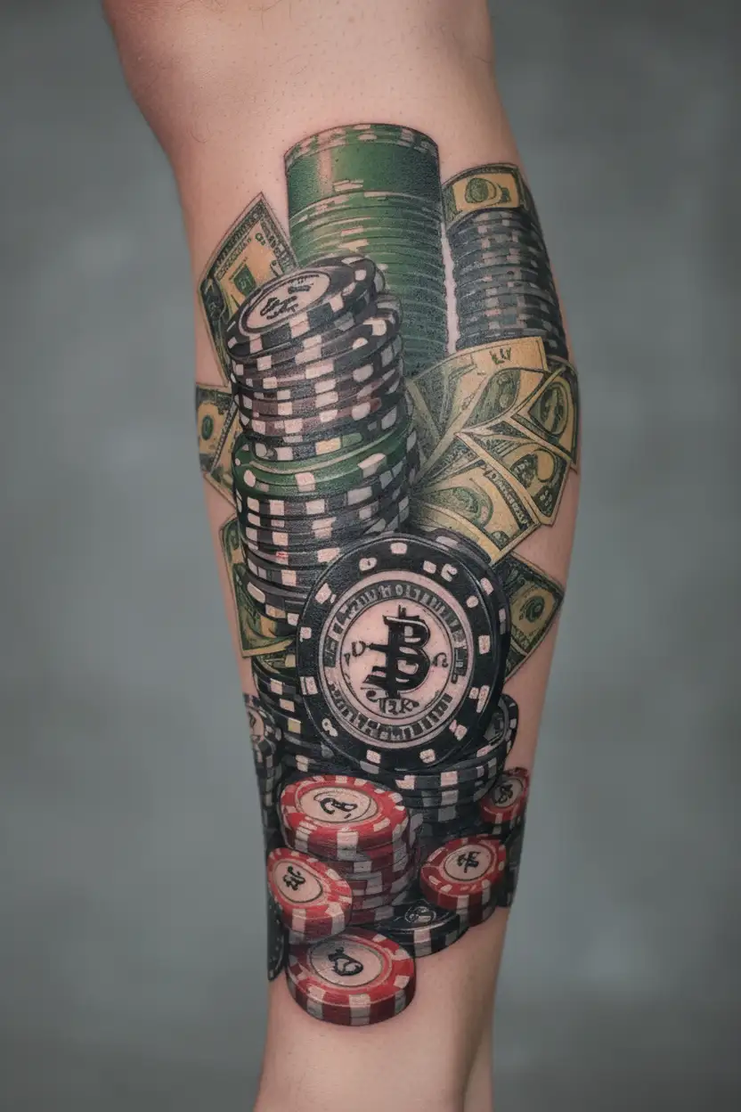 casino chips with dice and money with skyline of dallas texas tattoo design idea