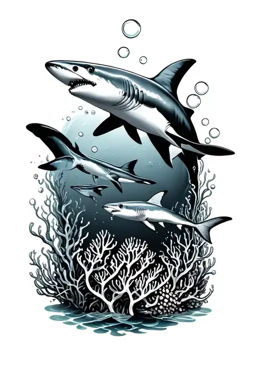 line of sharks with bubbles, and coral reef tattoo design idea