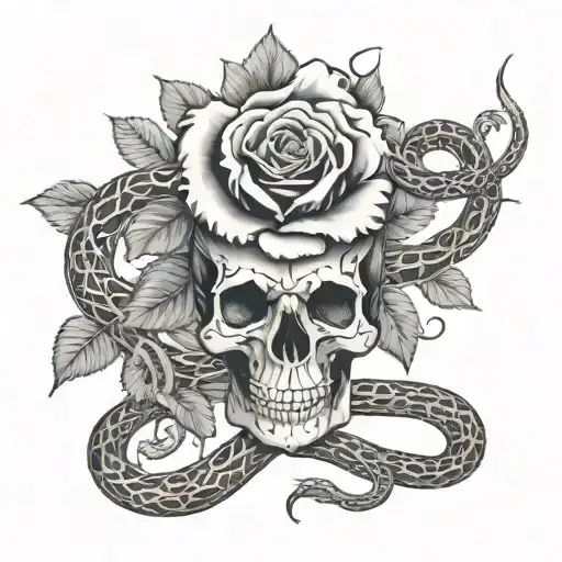 rose vine and snake slithering skeleton snake tattoo design idea