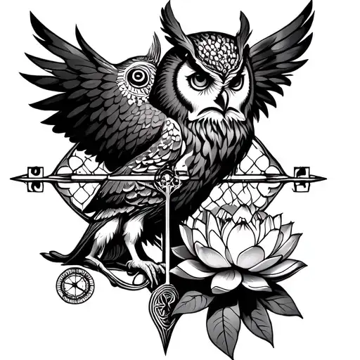 Stoicism with traditional 4 pillars of owl, scales, lion and lotus flower. Also with new pillars of a compass, good and  tattoo design idea