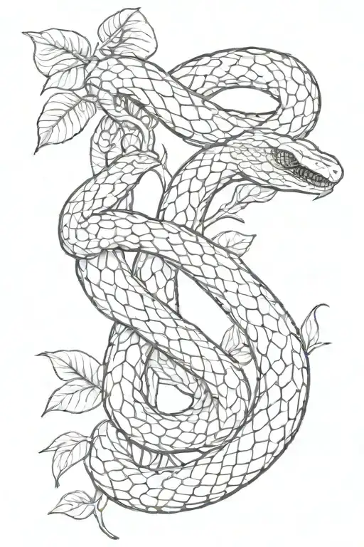 BLACK AND LONG EVIL SNAKE ENTWINED WITH A COCOA TREE BRANCH tattoo design idea