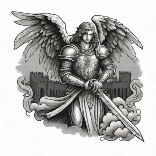 Night medieval angel holding sword vs evil with a medieval castle on the background tattoo design idea