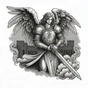 Night medieval angel holding sword vs evil with a medieval castle on the background tattoo design idea