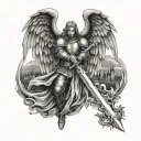 Night medieval angel holding sword vs evil with a medieval castle on the background tattoo design idea