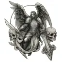 Night medieval angel holding sword vs evil with a medieval castle on the background tattoo design idea