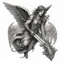 Night medieval angel holding sword vs evil with a medieval castle on the background tattoo design idea