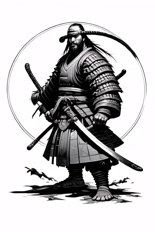 samurai in full height, with a sword in the ground, without armor tattoo design idea