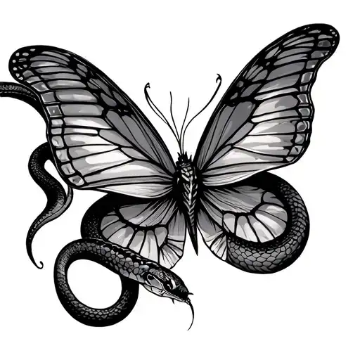 scary snake striking at a butterfly  tattoo design idea