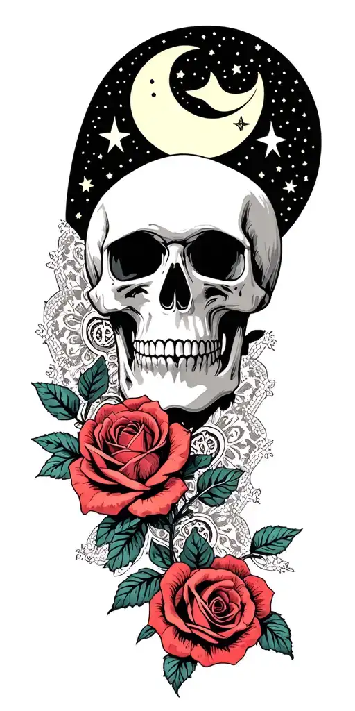 skull lace with roses the moon and some stars tattoo design idea