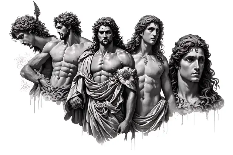 ares, apollo, persephone, and hades Greek god tattoo design idea