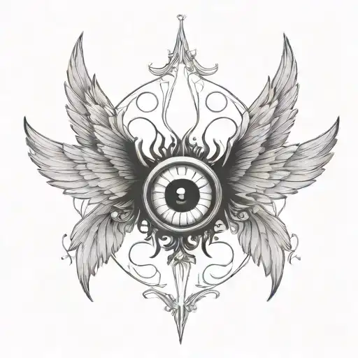 seraphim, 6 large burnt wings, demon eye in the centre, gothic tattoo design idea