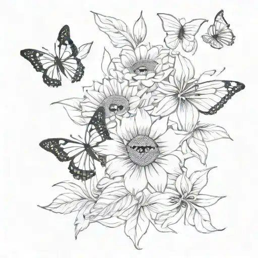 Back tattoo of word saying “let all that you do be with love” 3 black butterflies around with red lily’s, sunflowers tattoo design idea