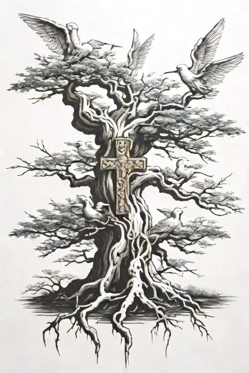 Bonsai tree roots, Cross with 3 angels flying tattoo design idea