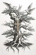 Bonsai tree roots, Cross with 3 angels flying tattoo design idea