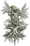 Bonsai tree roots, Cross with 3 angels flying tattoo design idea