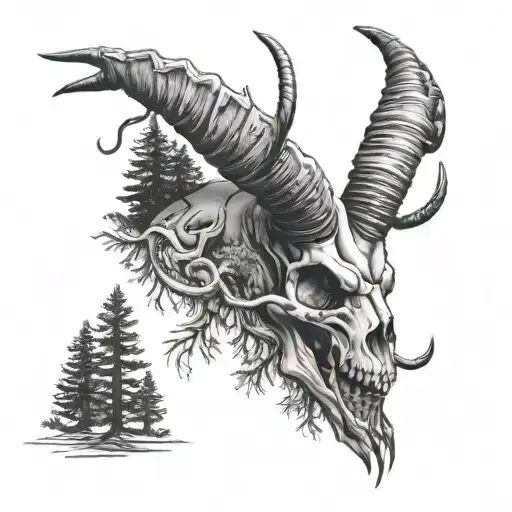 ibex skull with scorpion montain trees and peace tattoo design idea