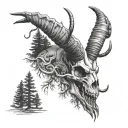 ibex skull with scorpion montain trees and peace tattoo design idea