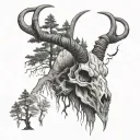 ibex skull with scorpion montain trees and peace tattoo design idea