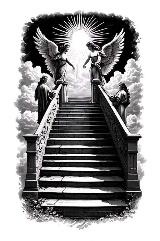 stairway to heaven walking up stairs angels sun rays clouds heaven gate at the top of the stairs  tattoo design idea