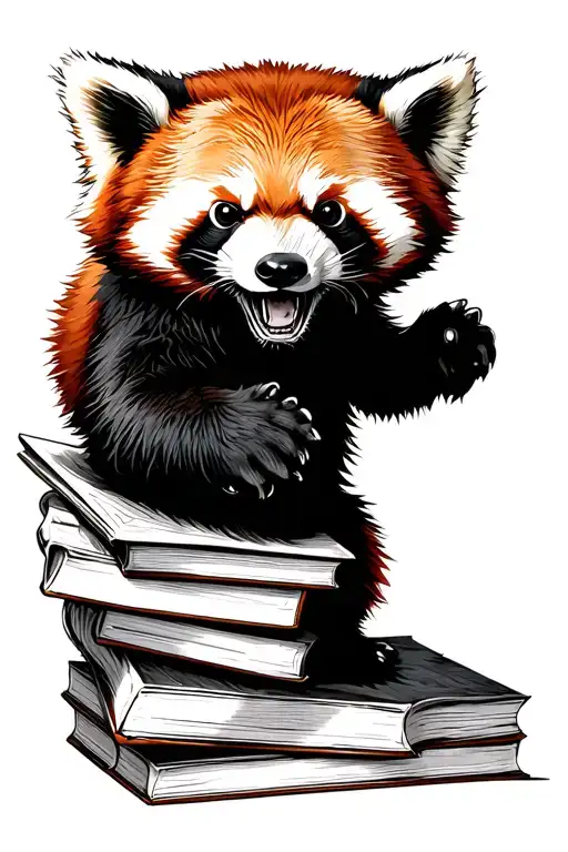 Books Surrounded By an angry Red Panda bear head tattoo design idea