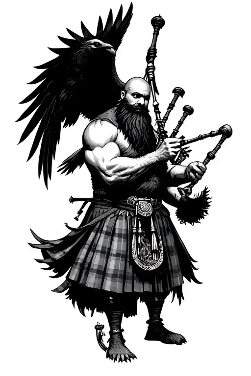 muscular bagpiper bald black beard black huge wings on his back playing the bagpipes flying crow with claws tattoo design idea