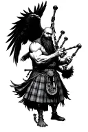 muscular bagpiper bald black beard black huge wings on his back playing the bagpipes flying crow with claws tattoo design idea