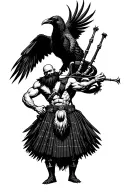 muscular bagpiper bald black beard black huge wings on his back playing the bagpipes flying crow with claws tattoo design idea