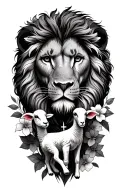 face of Lion with a lamb  and cross in background with flowers  tattoo design idea