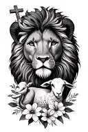 face of Lion with a lamb  and cross in background with flowers  tattoo design idea