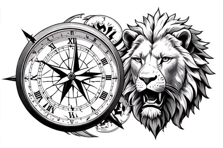true north compass, broken clock, lions head, knight templar tattoo design idea