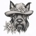 all black schnauzer with cowgirl hat and brown eyes and a collar and flowers looking to the side tattoo design idea