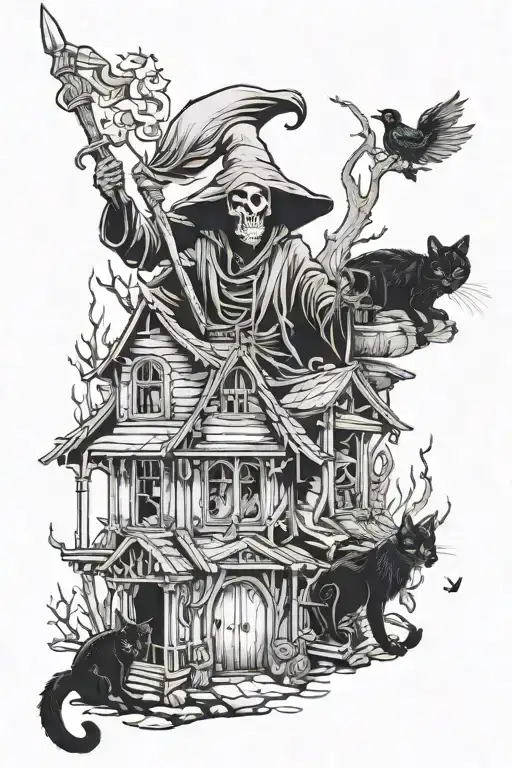 Create a realism tattoo of a grim reaper with tarot cards, a wendigo, baba yaga's house, and a double headed black cat tattoo design idea