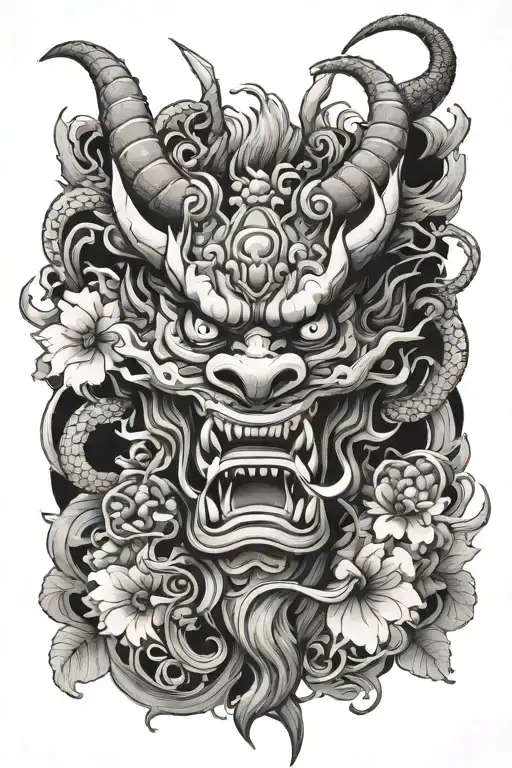japanese oni mask with big dragon and smoke forming the shape with a little flowers tattoo design idea