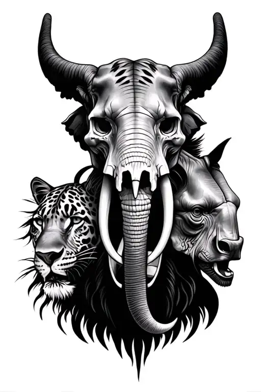 Individual Skulls of the African Big 5 (Lion, Elephant, Buffalo, Leopard and Rhino) tattoo design idea