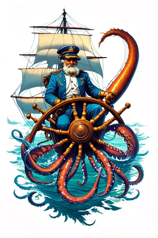 old Captain at the wheel of a  sailing ship in the sea. under the water is a giant squid. with futuristic ideas also  tattoo design idea