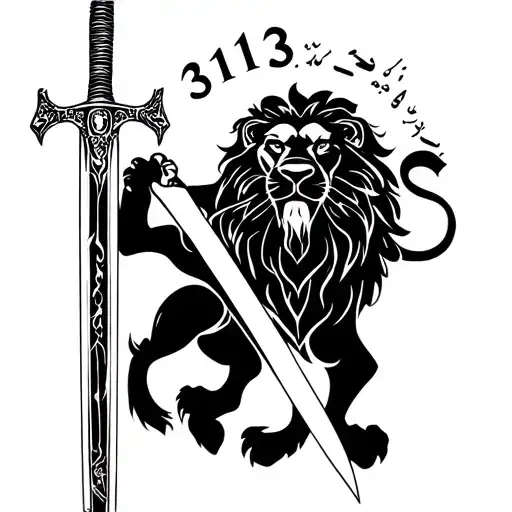 A lion holding the Zulfiqar sword, surrounded by the number 313, symbolizing the Shia faith tattoo design idea