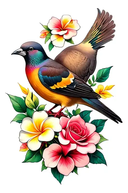 oriole and mourning dove with rose and plumeria flowers tattoo design idea