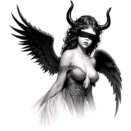 angel blindfolded with devil behind her head tattoo design idea