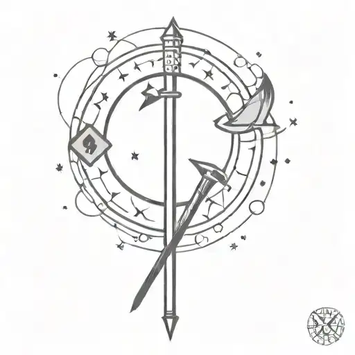 A minimalist tattoo of a magic wand with gaming symbols around it, combining the client's favorite things of magic and gaming tattoo design idea
