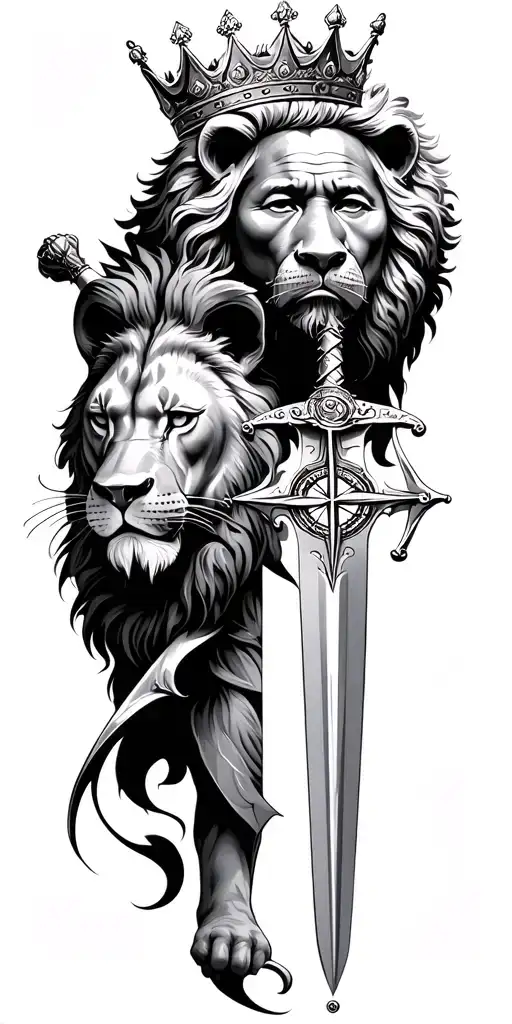 knight holding sword, lion wearing a crown,compass, mandela art tattoo design idea