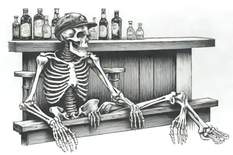 skeleton sitting behind an old bar wearing a ball cap tattoo design idea
