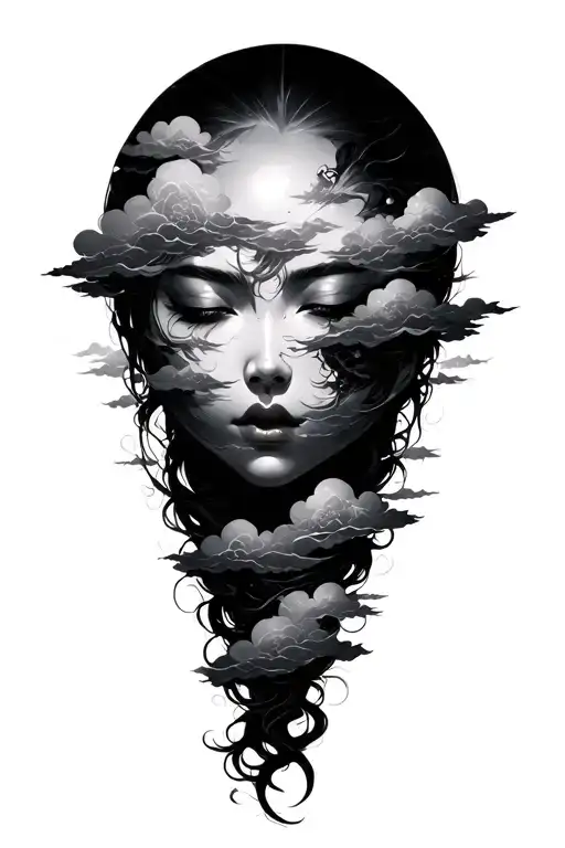 A background in the style of Japanese clouds in grayscale, ingrayscale, including deep blacks and exposed skin tattoo design idea